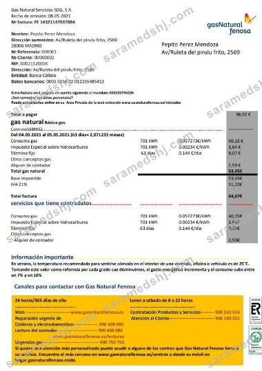 Spain gasNatural fenosa utility bill template in Word and PDF format